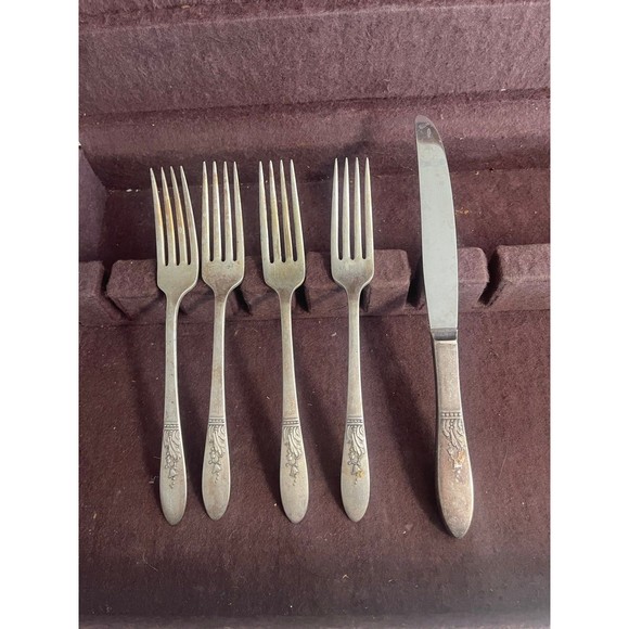 Simeon L. George H. Rogers Silver Flatware 5 piece Lot Oneida Fork Knife Vintage - Picture 1 of 2